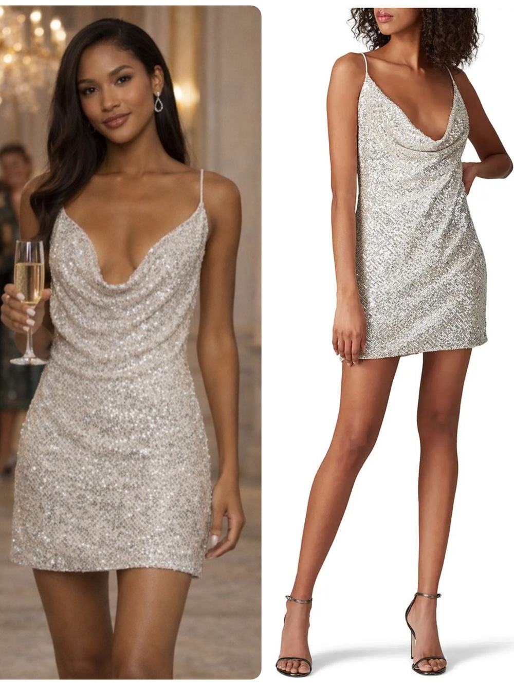 JAYGODFREY Baldwin Silver Sequin Cream  Base Cowl Neck Mini Dress NWT $275